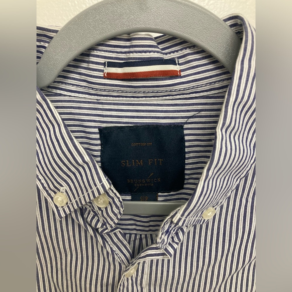 Cotton On Men's Slim Fit Navy and White Striped Shirt